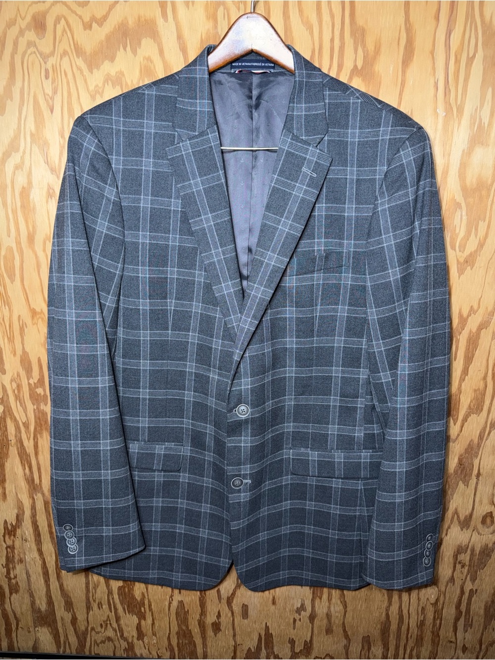 Tommy Hilfiger Mens 40L Gray Plaid Windowpane Stretch 2 Button Blazer Sport Coat